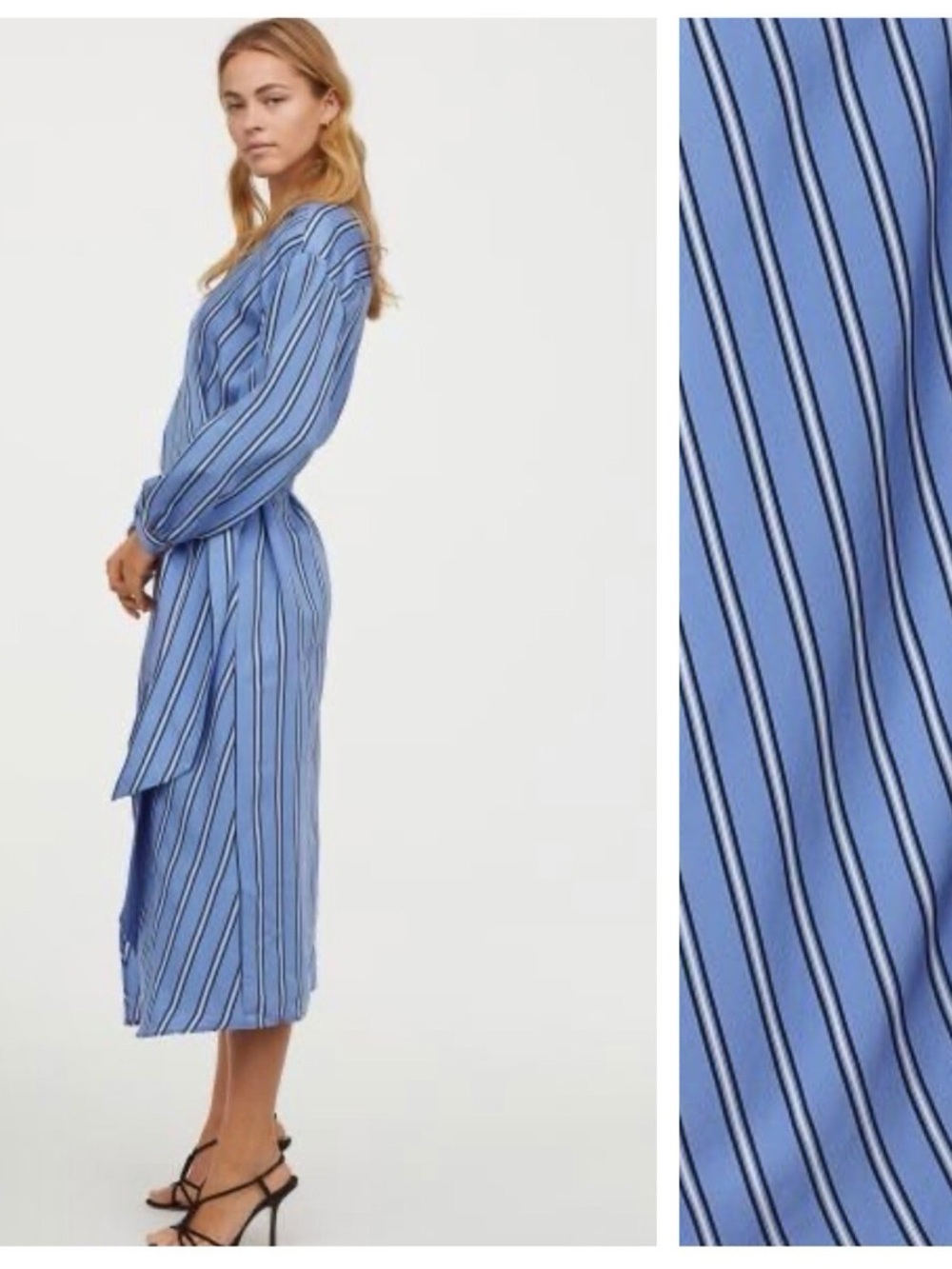H&M Blue‎ Striped Wrap-over Front  V Neck Long Sleeve Dress Size 8